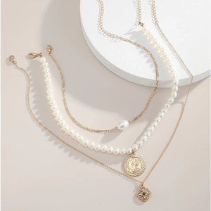 Necklace 3pcs Coin Faux Pearl Decor Gold Chain New
